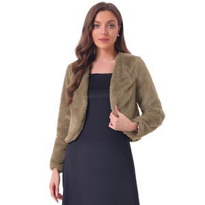 Cropped Jacket Faux Fur Long Sleeve Open Front Bolero Winter Coat Dark Khaki